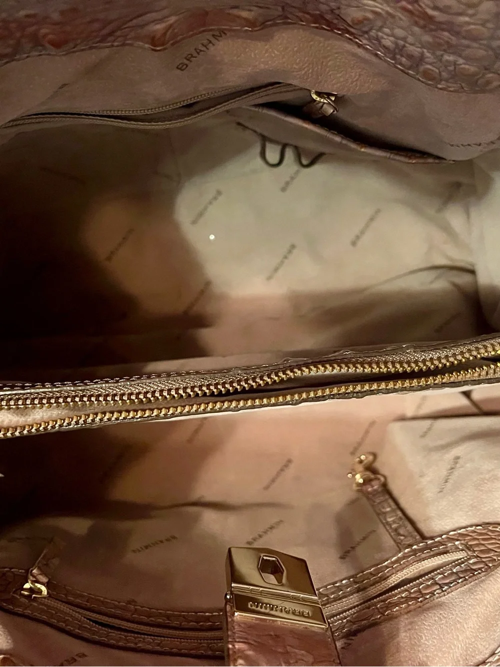 Brahmin Elisa  Iridescent Blush pink and Gold Croc-Embossed Shoulder Bag